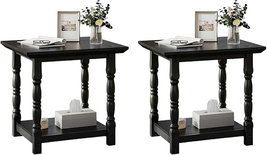 DWVO Farmhouse Square Coffee Table Set of 2, Antique Accent Side Table with Floor Shelf, 23.6"x 23.6" Living Room Furniture, Black
