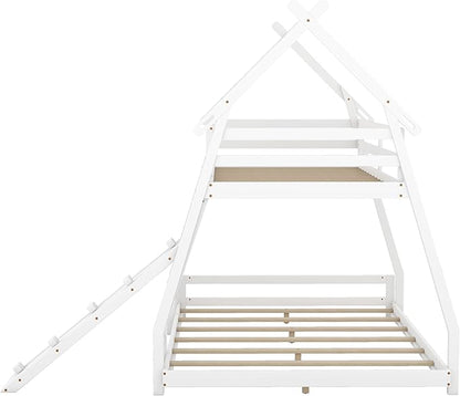 Twin Over Queen House Bunk Bed with Climbing Nets and Climbing Ramp for Kids Teens Boys Girls,Solid Wood Bunk Bed Frame with Safety Guardrails,Playful Design,White