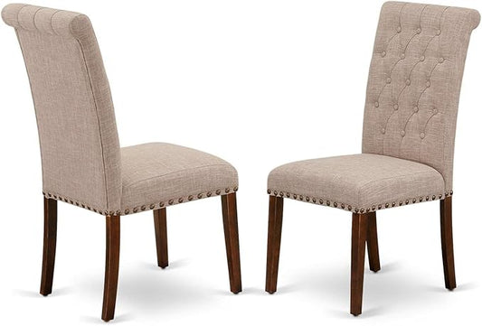 East West Furniture BRP3T04 Bremond Parson Dining Room Chairs - Button Tufted Nailhead Trim Light Tan Linen Fabric Padded Chairs, Set of 2, Mahogany