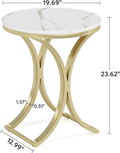 LITTLE TREE Side Table Round End Table Modern Small Accent Table Bedside Table Round Nightstand with Gold Metal Frame and Faux Marble Veneer Engineered Wood for Living Room, White Gold