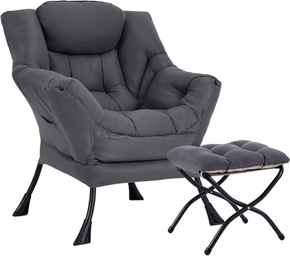 Lazy Chair with Ottoman, Reading Armchair with Armrests and Footrest, Large Modern Lounge Accent Chair with Ottoman, Leisure Sofa Chair for Living Room, Bedroom, Dorm Room (Dark Grey)