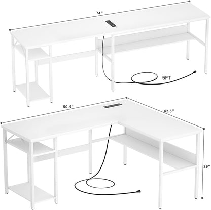 Reversible L Shaped Gaming Desk with Power Outlets and USB Charging Ports, Sturdy Computer Desks with Storage Shelf, Modern Corner Desk Home Office Table, Easy to Assemble, White