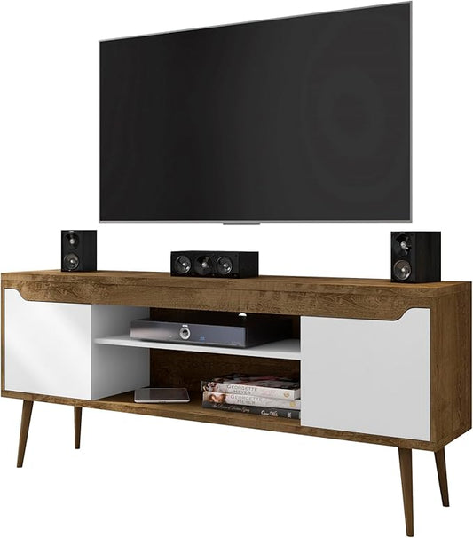Manhattan Comfort Bradley Mid Century Modern TV Stand for Televisions up to 60 Inches, Living Room Entertainment Center with Storage, Media Shelves and Soft Close Doors, Rustic Brown/White