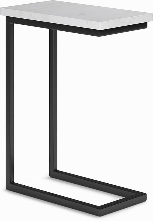 SIMPLIHOME Skyler 18-inch Wide Metal Table in White/Black, C-Shaped Industrial-Style Side Table with Genuine Marble Top for Living Room, Bedroom, or Home Office