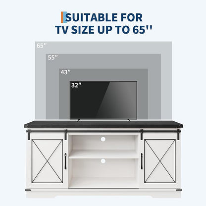 GarveeHome Farmhouse TV Stand for TV up to 65 Inches and Entertainment Center with Sliding Barn Doors and Adjustable Shelf, Tv Media Console Table with Storage Cabinet for Living Room, Bedroom, White