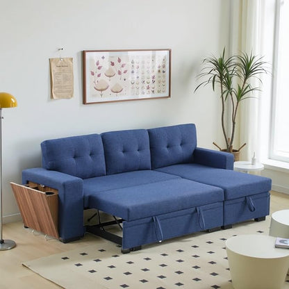 L-Shape Sofa Bed, 92" Sectional Couch with Storage Chaise, Pull Out Sleeper Sofa with Side Compartment, Convertible Corner Couch for Living Room Apartment, Blue