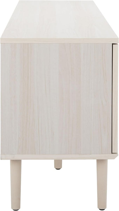 SAFAVIEH Claude TV Stand for up to 65" Flatscreen – Bleached White & Natural Rattan, 2 Sliding Doors with Interior Storage, 2 Open Shelves, Entertainment Media Console (MED9610C)