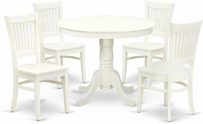 East West Furniture ANVA5-LWH-W 5 Piece Kitchen Table Set for 4 Includes a Round Dining Room Table with Pedestal and 4 Solid Wood Seat Chairs, 36x36 Inch, Linen White