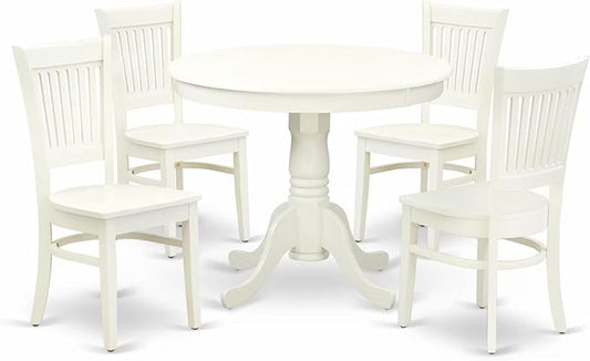 East West Furniture ANVA5-LWH-W 5 Piece Kitchen Table Set for 4 Includes a Round Dining Room Table with Pedestal and 4 Solid Wood Seat Chairs, 36x36 Inch, Linen White