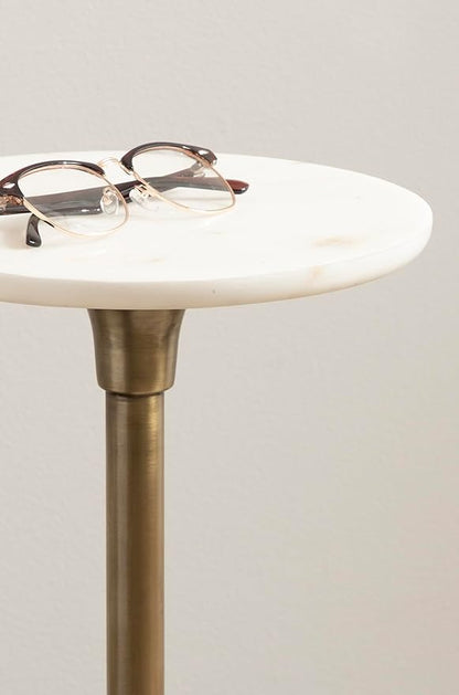 Kate and Laurel Nisha Traditional Marble Round Drink Table, 10 x 10 x 22, White Marble, Antique Brass, and Black, Vintage Mango Wood Circle Mini Table for Use as Plant Stand or Living Room Decor
