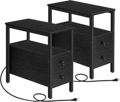 HOOBRO Set of 2 End Tables with Charging Station, Narrow Side Table with Drawers & USB Ports & Power Outlets, Nightstand for Small Spaces, Living Room, Stable and Sturdy, Black BK541BZP201