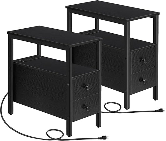 HOOBRO Set of 2 End Tables with Charging Station, Narrow Side Table with Drawers & USB Ports & Power Outlets, Nightstand for Small Spaces, Living Room, Stable and Sturdy, Black BK541BZP201