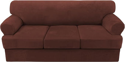 H.VERSAILTEX Sofa Cover 4 Piece T Cushion Sofa Slipcovers Thick Velvet Couch Cover Stretch T Cushion Sofa Covers for 3 Cushion Couch with 3 Individual T Cushion Covers, Burnt Brick