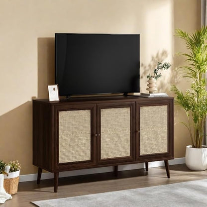 Rattan Entryway Table, Entertainment Center with Adjustable Shelf, Sideboard Buffet Cabinet with 3 Rattan Doors, Modern Console Cabinet with Large Storage for Living Room, Kitchen, Dark Brown