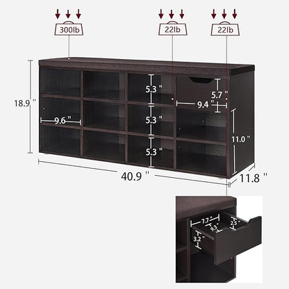 DINZI LVJ Shoe Bench, Entryway Storage Bench with Drawer and 11 Cubbies, Cubby Shoe Rack with Adjustable Shelves, Shoe Organizer Cabinet for Living Room, Bedroom, Mudroom, Closet and Garage, Espresso