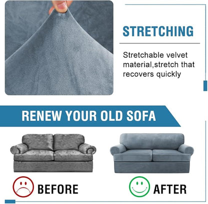 H.VERSAILTEX Sofa Cover 3 Piece T Cushion Loveseat Slipcovers Thick Velvet Couch Cover Stretch T Cushion Sofa Covers for 2 Cushion Couch with 2 Individual T Cushion Covers Washable, Stone Blue