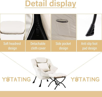 Lazy Chair with Ottoman, Comfy Reading Lounge Chair with Footstool & Throw Pillow Modern with Armrests & Side Pocket for Living Room, Bedroom, Dorm Room, Velvet Beige