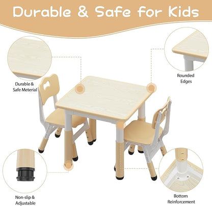 GarveeHome Kids Table and 2 Chairs Set, Height Adjustable Toddler Table and Chair Set for 2, Graffiti Desktop, Non-Slip Design, Children Table for Home Daycare Preschool for Ages 2-8, Beige