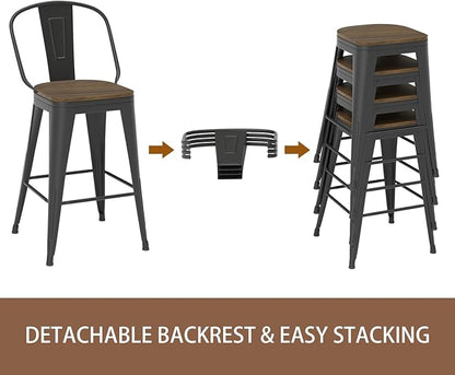 24” Swivel Bar Stools Set of 4, Counter Height Bar Stools Wooden Seat, Metal Industrial Bar Chairs with High Back for Kitchen Island (Black)