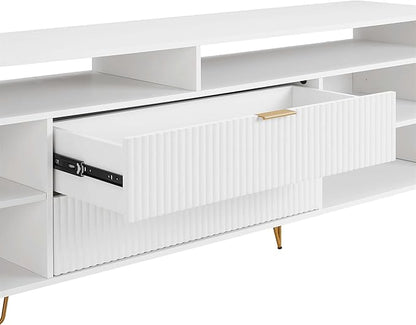 Manhattan Comfort Dumbo Mid Century Modern TV Stand for Televisions up to 80 Inches, Home Entertainment Center with Storage, 6 Shelves, 2 Drawers, No Tool Assembly, 85" Wide, White