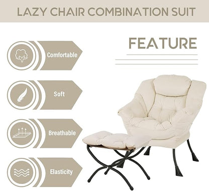 LITA Lazy Chair with Ottoman, Accent Contemporary Lounge Single Leisure Upholstered Sofa Set Armrests and a Side Pocket, Reading for Living Room & Bedroom, Beige 10.6D x 28.3W x 36.6H in