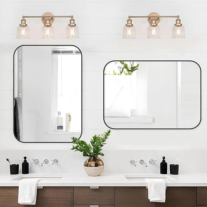 Black Bathroom Mirror, 30x36 Inch Matte Black Mirror, Aluminum Alloy Framed Vanity Mirror, Rounded Rectangle Bathroom Mirror for Over Sink, Anti-Rust Wall Mirror (Horizontally or Vertically)