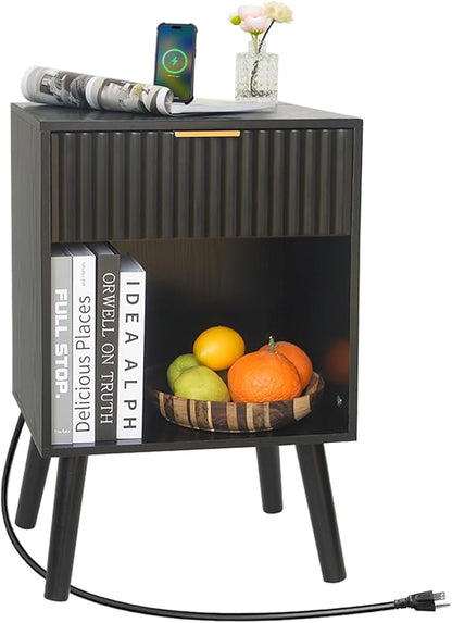 Fluted Black Nightstand with Charging Station, Mid Century Modern Bedside Table with Drawers and Outlet,Side Tables Living Room, Wooden Night Stand for Bedroom, Office (Black)