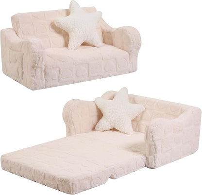 Extra Wider Seating Toddler Couch, 2-in-1 Toddler Soft Couch Fold Out with Star Pillow, Convertible Sofa to Lounger for Girls and Boys, Cream Heart
