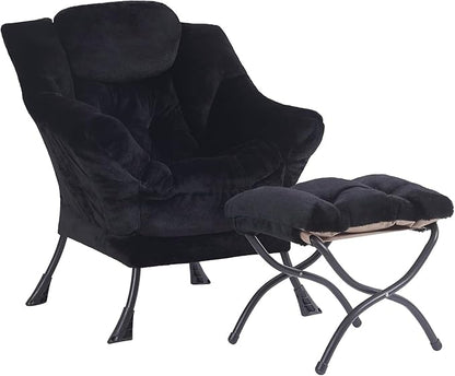 Plush Lazy Chair and Ottoman, Large Contemporary Accent Lounge Chair with Armrests and a Side Pocket, Modern Leisure Upholstered Sofa Reading Armchair with Footrest for Bedroom, Living Room