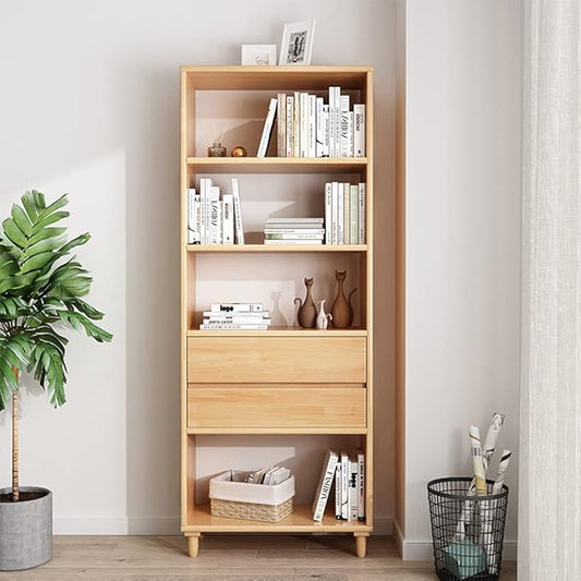 IOTXY Oak Mid-Century Bookcase with Legs - 67" Tall Open Shelves Cube Billy Bookshelf with Double Drawers for Home and Office