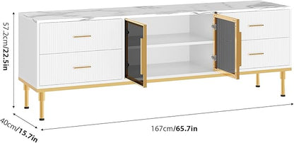 66" Fluted TV Stand with LED Light, Modern Entertainment Center for TVs Up to 75 Inch, Wood TV Media Console with Faux Marble Top, 4 Drawers, Glass Door for Living Room, White