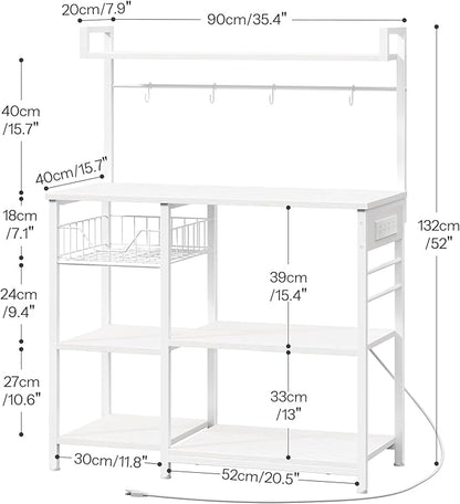 HOOBRO Bakers Rack with Power Outlet, 35.4 Inches Coffee Bar with Mesh Basket, Microwave Stand with 4 S-Shaped Hooks, Kitchen Bakers Rack with Storage, Easy to Assemble, White WT05HB01