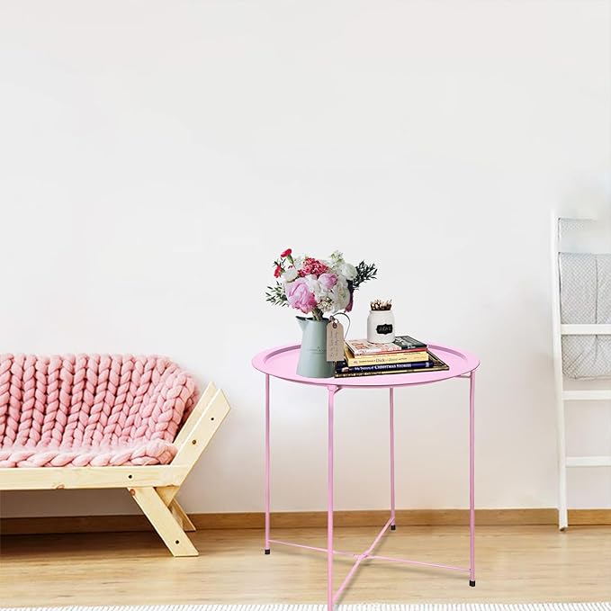 Garden 4 you End Table Set of 2, Outdoor Side Table, Small Patio Table Metal Side Table, Round Folding Side Table, for Outdoor and Living Room,Pink