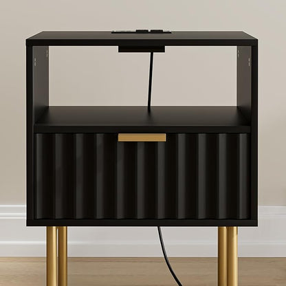 Masupu Nightstand with Charging Station,Mid-Century Modern Bedside Table with Storage Drawer and Open Wood Shelf,Small Gold Frame Side Table for Bedroom,Living Room (Black Fluted)