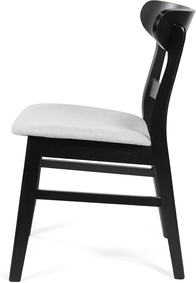 Set of 2 Solid Wood Dining Chairs, Fabric Upholstered Seat Mid-Century Modern Kitchen Furniture for Living Room, Light Gray+Black