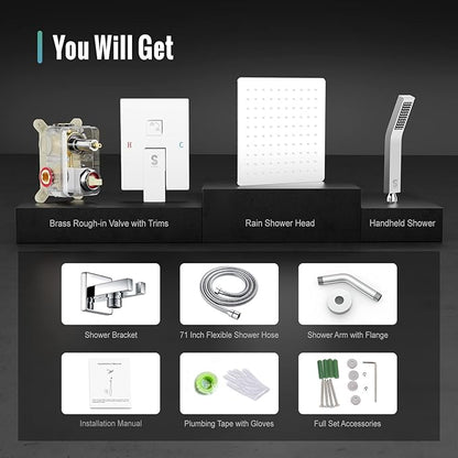 SR SUN RISE Shower System - Shower Faucet Set with 8 Inch Rain Shower Head and Handheld Shower - High Pressure Rain Shower System - All Metal Shower Faucet Trim Repair Kits - Polished Chrome