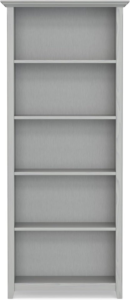 SIMPLIHOME Amherst Bookcase - 70 inch Tall 5-Shelf Solid Wood Bookshelf in Fog Grey, Transitional Storage for Living Room, Study Room or Office with Adjustable Shelves and Tapered Legs