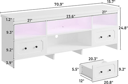 IRONCK TV Stand for 75 Inch TV, 71" LED Entertainment Center with Storage Cabinets, Power Outlets and Open Shelf, Media Console TV Cabinet with Drawers for Living Room, White