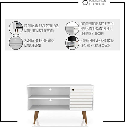 Manhattan Comfort Liberty Mid Century Modern TV Stand for Televisions up to 46 Inches, Bedroom and Living Room Entertainment Center with Storage, Shelves, and Cabinet, 43" Wide, White/3d Print