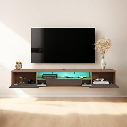 Pmnianhua Floating TV Stand with LED Lights,63'' Wall Mounted TV Cabinet Floating Under TV Shelf Media Console Entertainment Center with Storage Living Room Playroom Bedroom(Walnut)