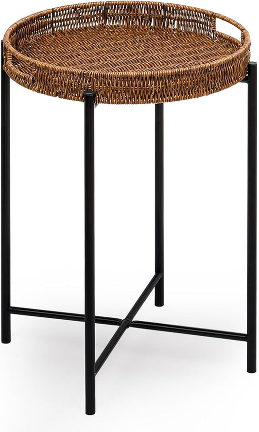 Small Wicker Round End Table, 16.5 in Rattan End Tables with Removable Tray, Waterproof Sofa Coffee Side Table, Indoor Outdoor Side Tables for Patio, Living Room Bedroom Office