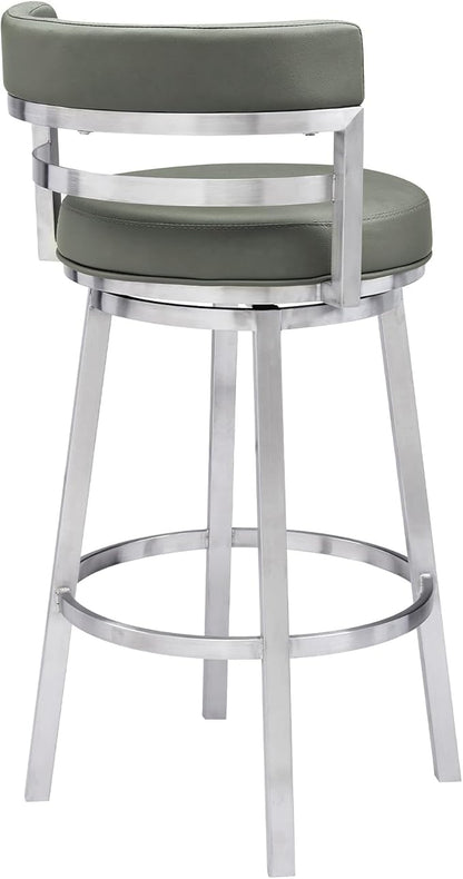 Armen Living Madrid 26" Counter Height Swivel Modern Gray Faux Leather and Brushed Stainless Steel Bar Stool for Kitchen Island Counter