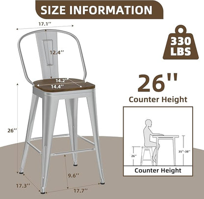 26” Swivel Bar Stools Set of 4, Counter Height Bar Stools Wooden Seat, Metal Industrial Bar Chairs with High Back for Kitchen Island (Silver)