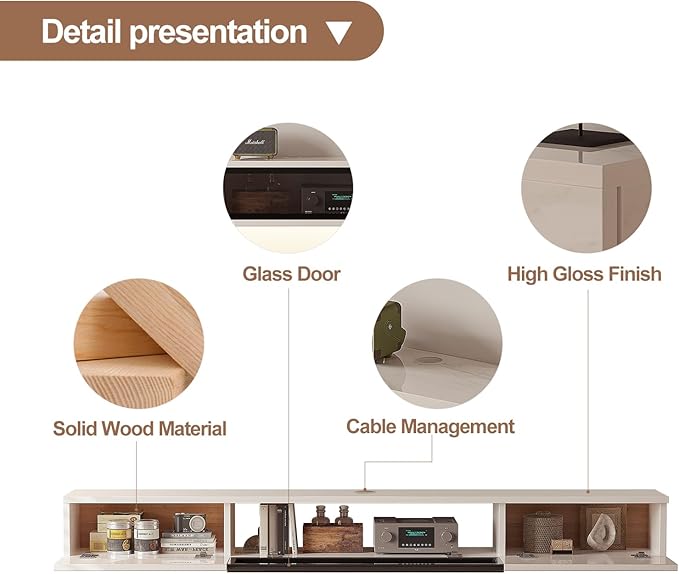 High Gloss Floating TV Stand,78'' Wall Mounted TV Console,Under TV Floating Shelf,Floating TV Cabinet with 3 Doors for Bedroom Living Room,White