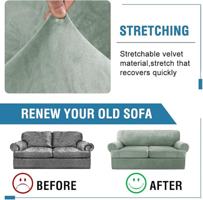 H.VERSAILTEX Sofa Cover 3 Piece T Cushion Sofa Slipcovers Thick Velvet Couch Cover Stretch T Cushion Sofa Covers for 2 Cushion Couch with 2 Individual T Cushion Covers Washable, Sea Grass