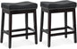 Athena Collection Bar Stools Set of 2, 25 Inches Counter Height Bar Stools Backless with Footrest, Leather Upholstered Saddle Barstools with Nailhead Trim for Home, Kitchen Island, Counter, Black
