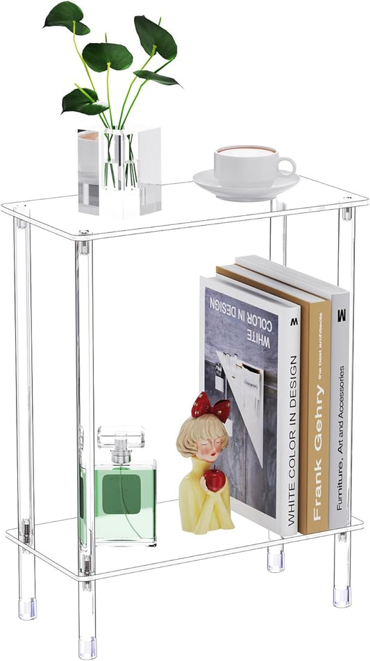 Clear Acrylic Narrow Side Table for Small Spaces, 15.75" L x 7.87" W x 19.82" H, 2 Tier Rectangle Slim End Table Nightstand, Small Skinny Bedside Table for Bedroom, Bathroom, Living Room