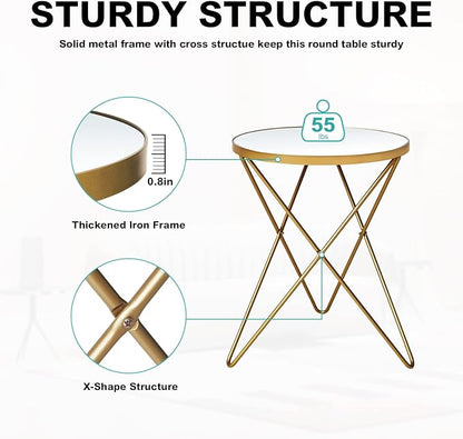 HLR Modern Round Side Table, End Table with Marble Effect Top and Gold Metal Frame, Small Side Table for Living Room, Bedroom, Sofa and Couch, Gold Legs, Mirror top