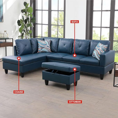 Deep Blue L-Shaped 3-Piece Faux Leather Sofa with Storage Ottoman Set, Sectional Couch Sofa Set for Living Room, Office, Small Space
