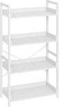 Rolanstar Bookshelf 4 Tier with 4 Hooks, Industrial Bookcase, Vintage Storage Rack with Open Shelves, Rustic Standing Bookshelves Metal Frame Display Rack for Living Room, Bedroom, White